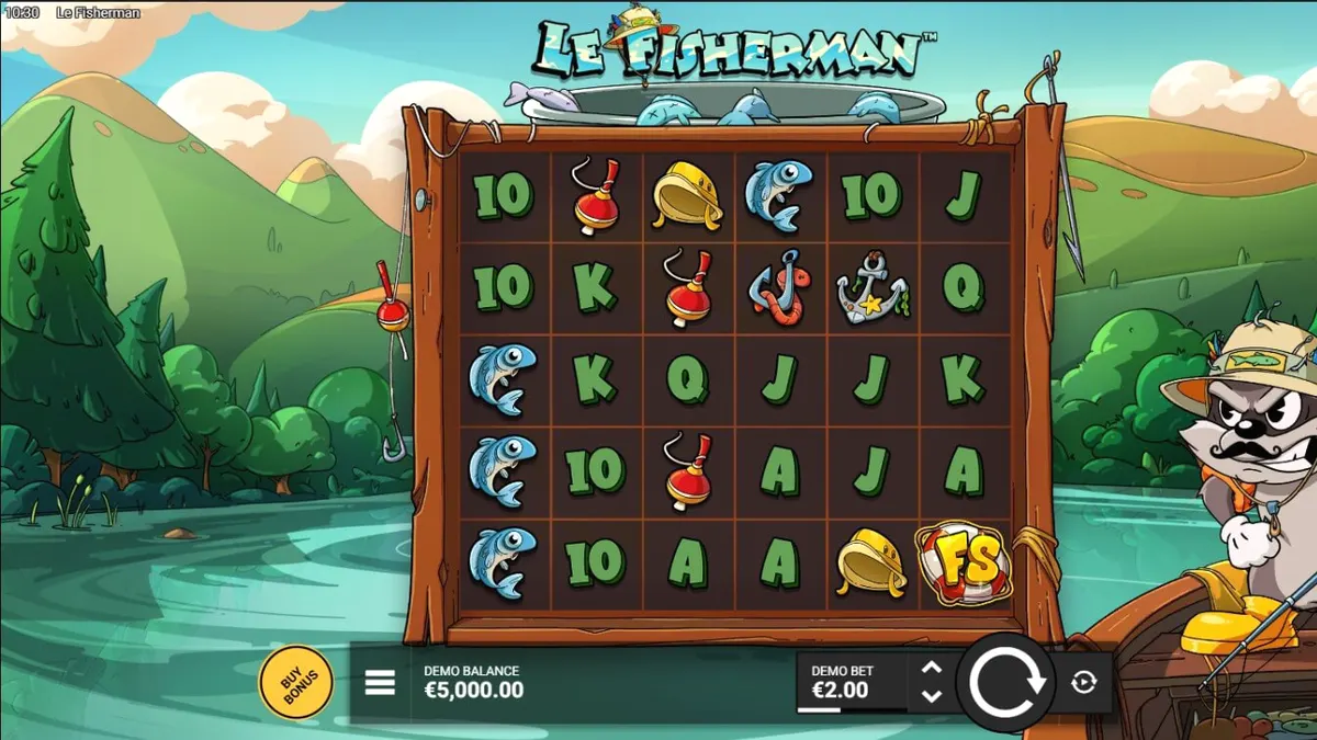 Interface do jogo de slot Le Fisherman com o guaxinim Smokey